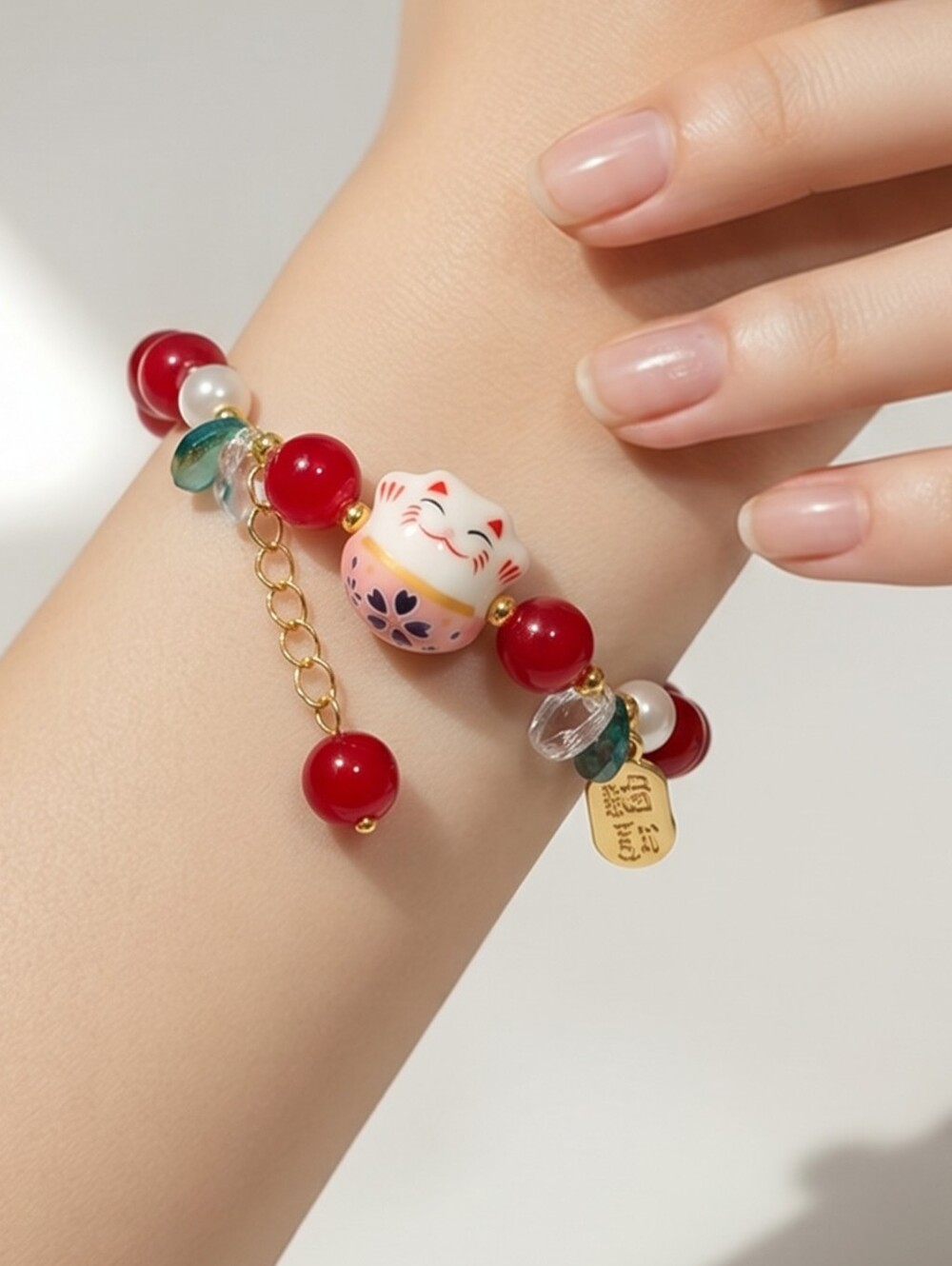 Pink Lucky Waving Cat Red Beaded Bracelet 🐱 Chinese New Year Kawaii Charm Gift